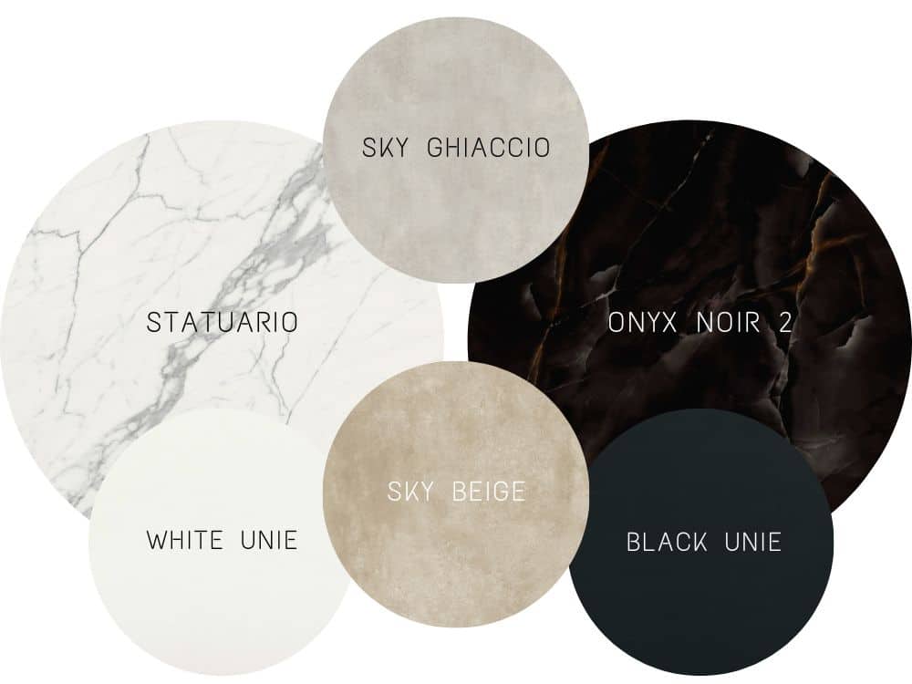 plateaux ronds en céramique, effet marbre blanc statuaire, onyx noir, effet béton teinté, unie blanche et unie noire