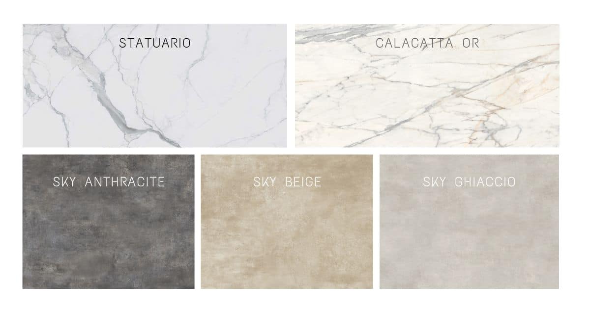plateaux en céramique effet marbre Calacatta blanc, effet ciment, pour meubles sur-mesure et tables 