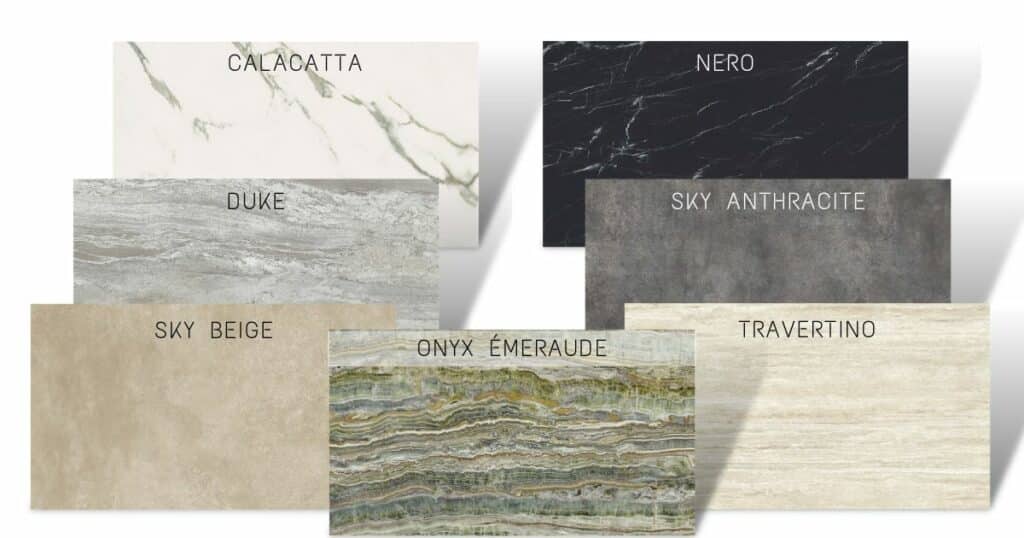 plateaux rectangulaires en céramique effet marbre, ciment, onyx pour tables avec angles arrondis ou droits.