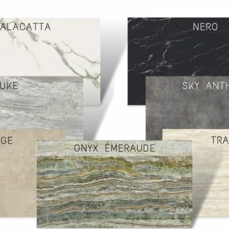 plateaux rectangulaires en céramique effet marbre, ciment, onyx pour tables avec angles arrondis ou droits.