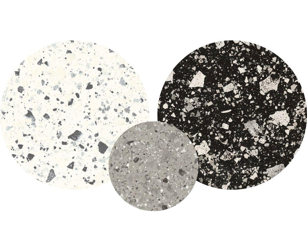 plateaux ronds en céramique Terrazzo de 3 couleurs : blanc, gris et noir graphite