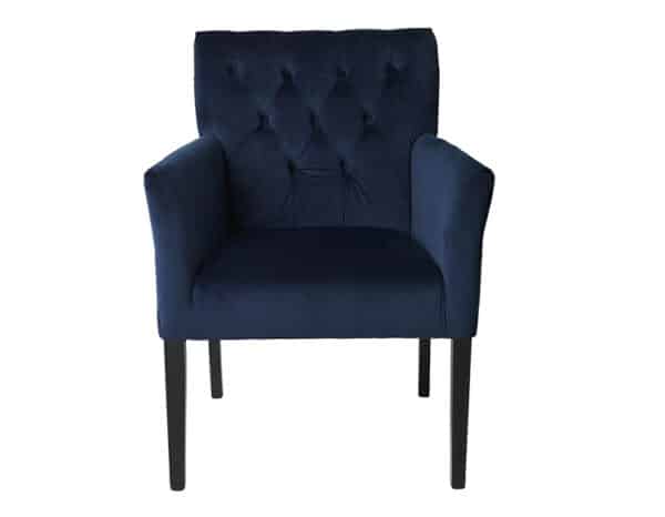 chaise de table confortable avec accoudoirs, velours bleu et pieds en chêne