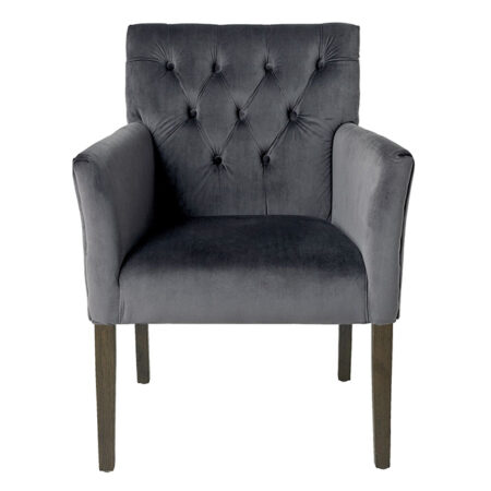 chaise de table confortable avec accoudoirs, velours gris charbon et pieds en chêne