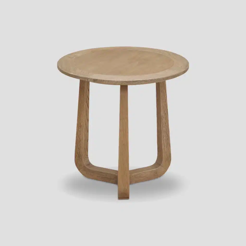 Petite table de salon ronde avec plateau et piétement en chêne massif naturel, diamètre 47 cm, vue de profil