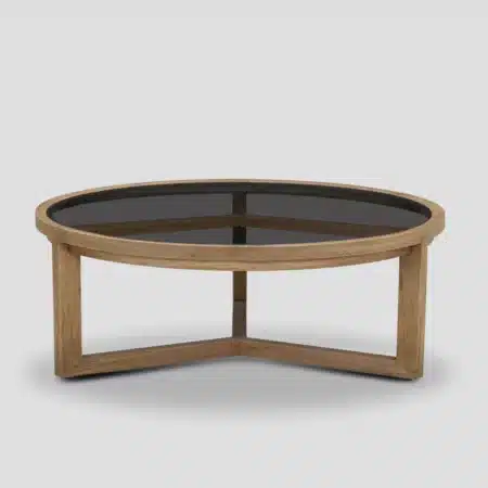 table basse ronde avec plateau en verre fumé de 100 cm de diamètre et piétement en chêne massif clair, vue de face