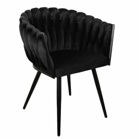 chaise confortable pour salle à manger en tissu doux de couleur noir, dossier arrondi et assise rembourrée