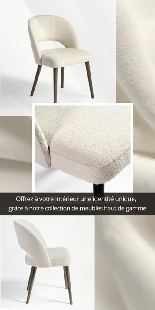 Moodboard relatif aux chaises avec assise et dossier confortable en tissu bouclette de couleur Ivoire.