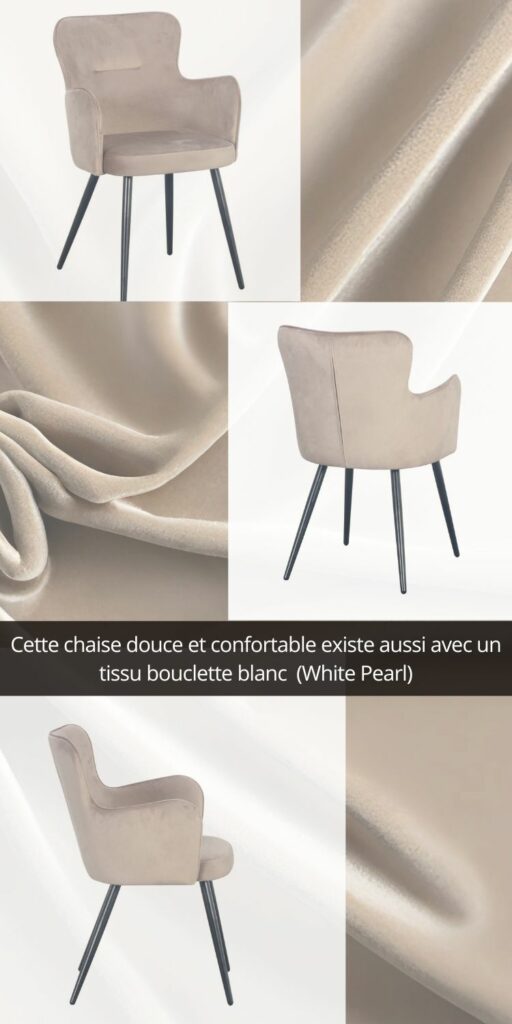 Chaise confortable et moderne en tissu doux de couleur sable et pieds en aluminium laqué noir. Vues sous différents angles de vue.