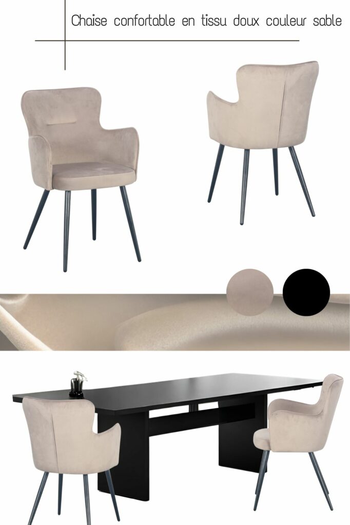 Chaises confortables et moderne, en tissu de couleur sable, associées à une table en bois noir