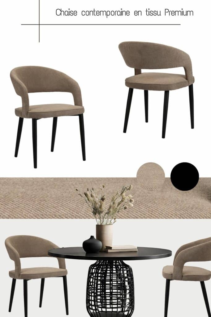 Moodboard présentant les chaises en tissu brun et une table à manger ronde noire avec pied central