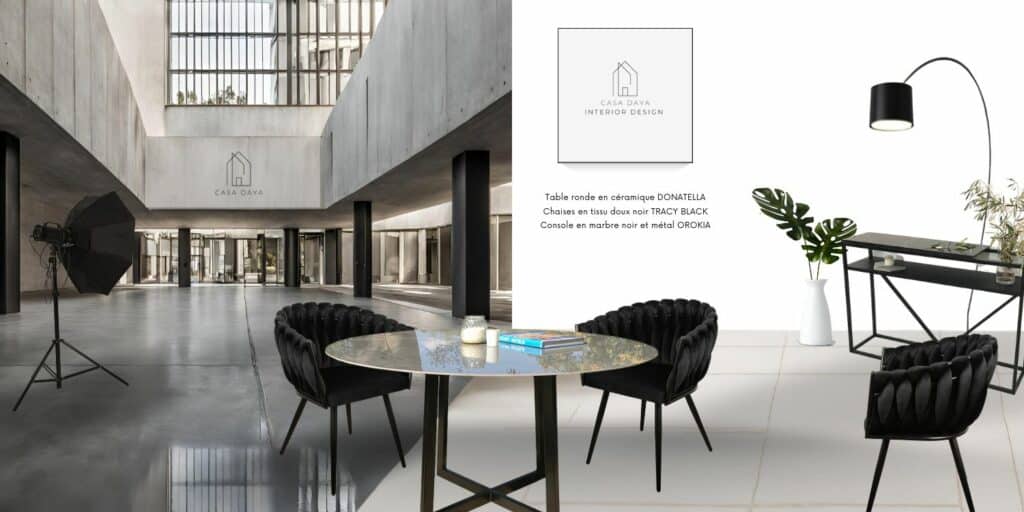 Scène 16 - Meubles hauts de gamme et durables suivants : table à manger ronde en céramique DONATELLA, chaises en tissu doux TRACY BLACK et la console d'entrée en marbre OROKIA