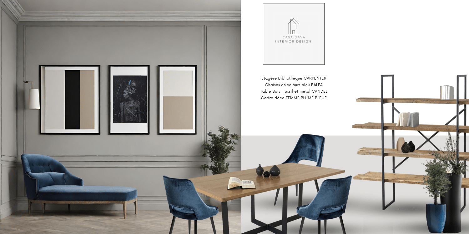 Scène 3 - Meubles hauts de gamme et durables suivants : table à manger bois métal Candel , chaises en velours bleu Balea, étagère Industrielle Carpenter en arrière plan.
