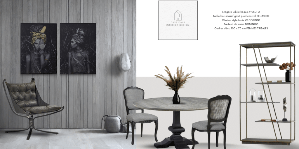 scène 9 : la table à manger en bois grisé BELLMORE, les chaises style Louis XV CORINNE, l'étagère bois métal originale AYESCHA et à gauche le fauteuil DOMINGO