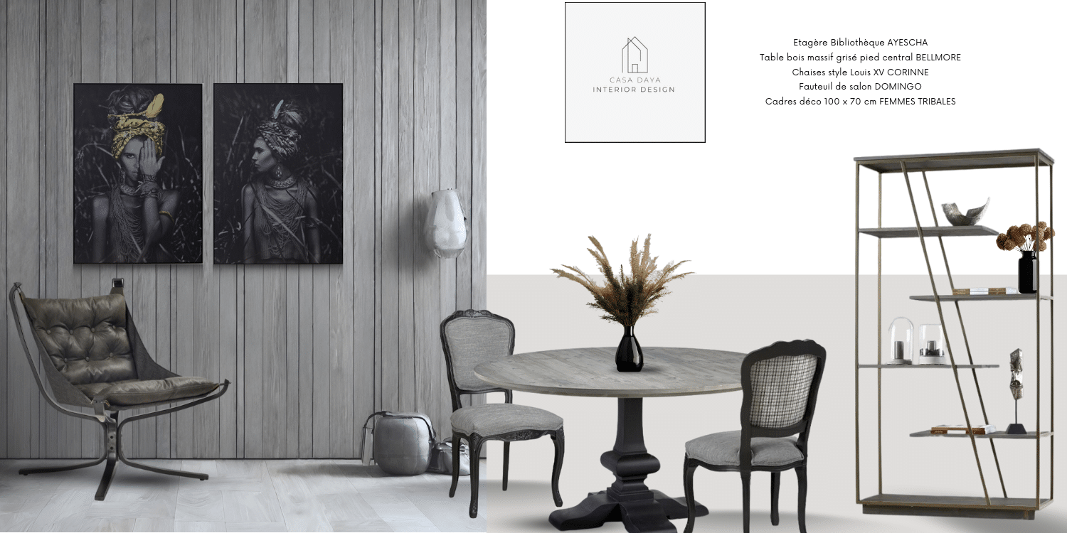 Scène 9 - Meubles hauts de gamme et durables suivants : la table à manger en bois grisé BELLMORE, les chaises style Louis XV CORINNE, l'étagère bois métal originale AYESCHA et à gauche le fauteuil DOMINGO