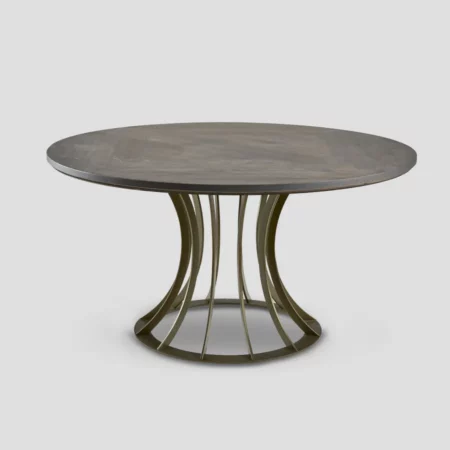 table à manger ronde en bois foncé et métal avec pied central