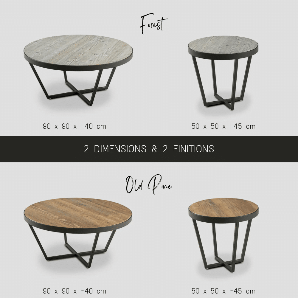 Moodboard présentant les 4 possibilités pour la table basse en bois naturel et métal, diamètre 50 cm et 90 cm
