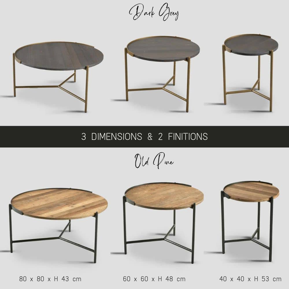 Moodboard présentant les 6 possibilités pour la table basse Industrielle en bois et métal, diamètre 40 cm, 60 cm et 80 cm, avec 2 finitions au choix : Dark Grey et Old Pine.