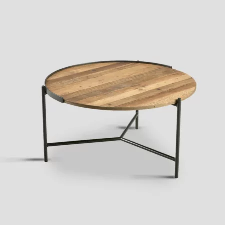 table basse ronde bois métal industrielle, diamètre 80 cm.
