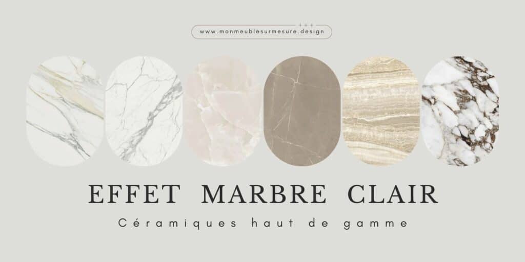 Plateaux en céramique italienne haut de gamme, effet marbre clair, découpe sur-mesure