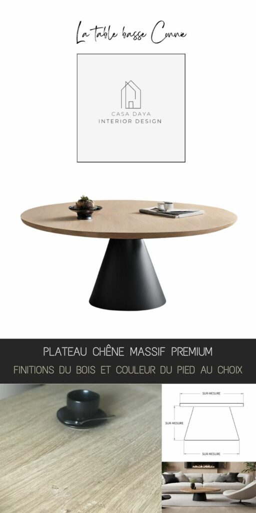 La table basse Connie dispose d'un piétement en forme de cône fabriqué en métal et d'un plateau rond en chêne massif.