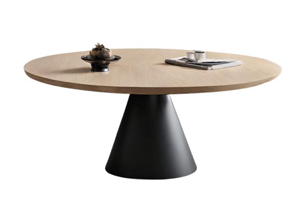 Table basse de salon avec plateau rond en chêne massif et piétement central en métal, en forme de cône.