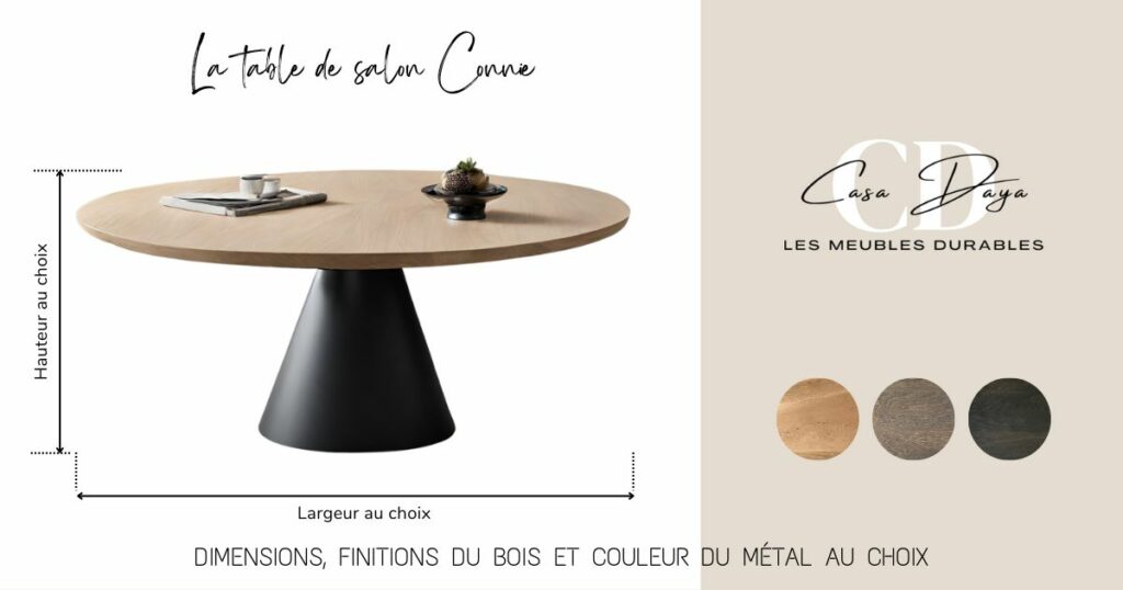 Table basse de salon sur-mesure avec plateau rond en chêne massif et piétement central en métal, en forme de cône.