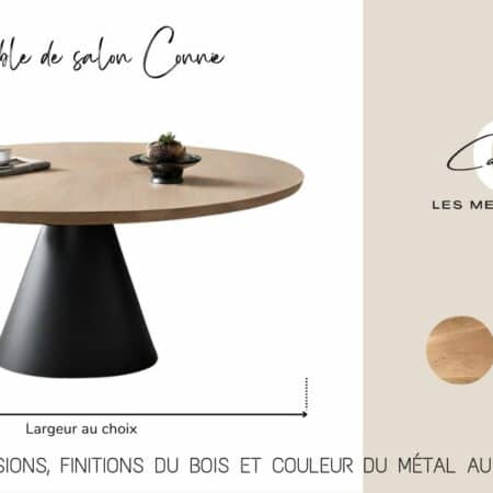 Table basse de salon sur-mesure avec plateau rond en chêne massif et piétement central en métal, en forme de cône.