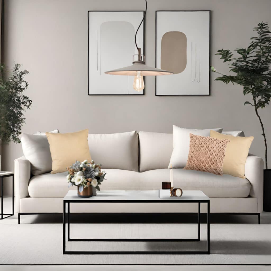 salon moderne avec canapé beige et table basse rectangulaire avec plateau en céramique marbre et pied en métal noir au design minimaliste